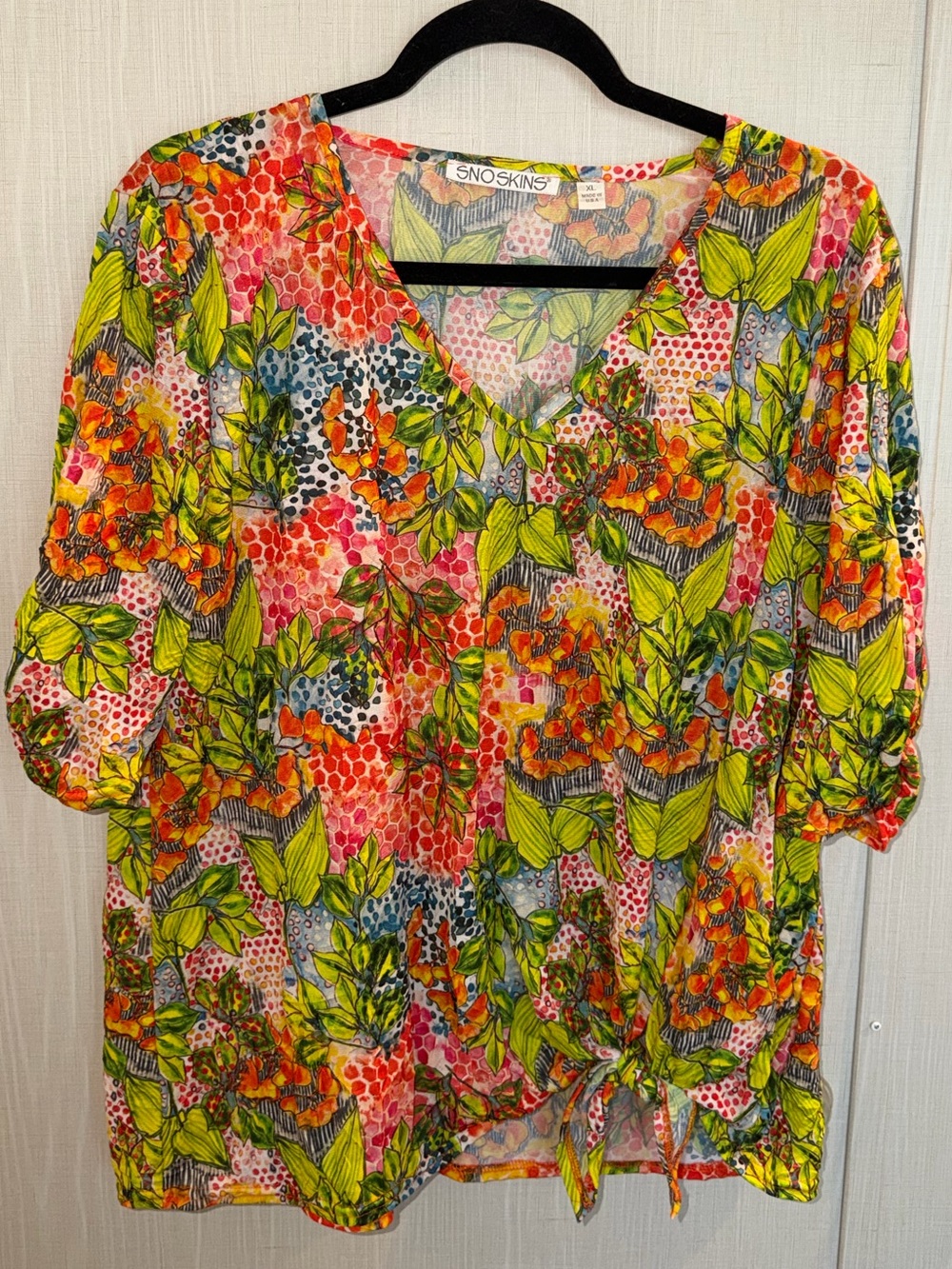 SnoSkins Artsy Crinkle Boho Shirt, 3/4 Sleeve Bright Multicolor Women’s XL